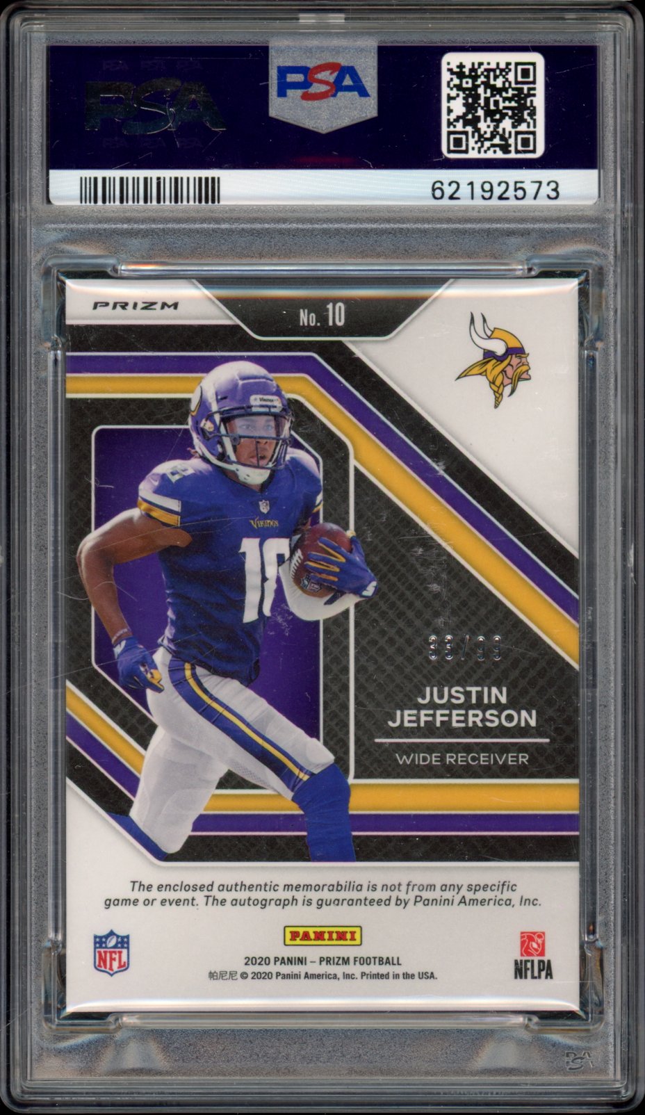 2020 Prizm Justin Jefferson Patch Auto Rookie /99 PSA 9