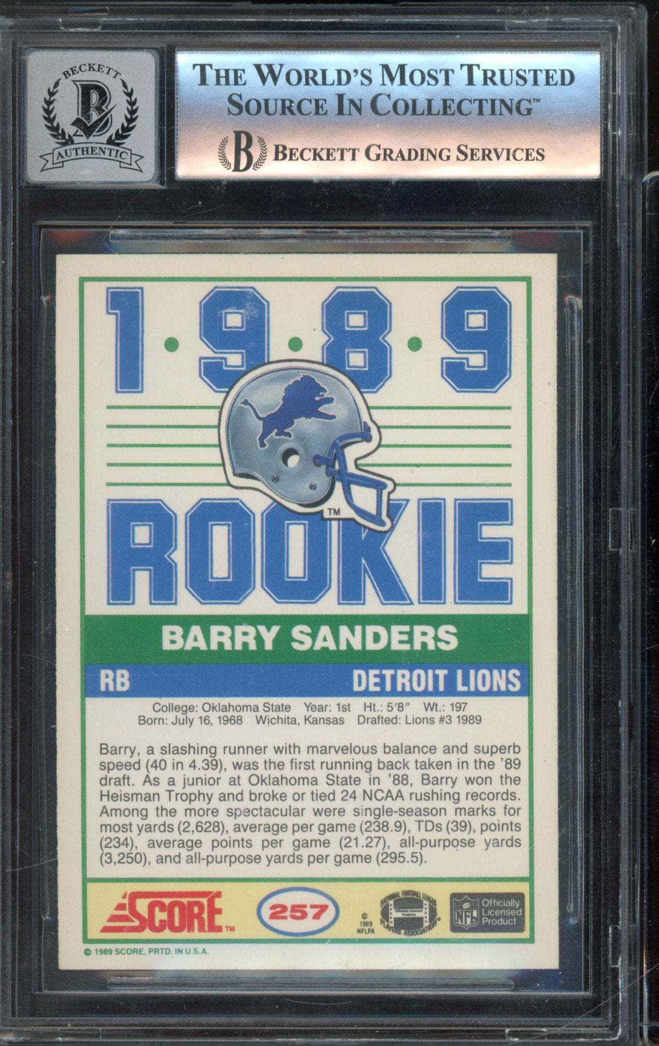 1989 Score Barry Sanders Auto BGS AUTO 10