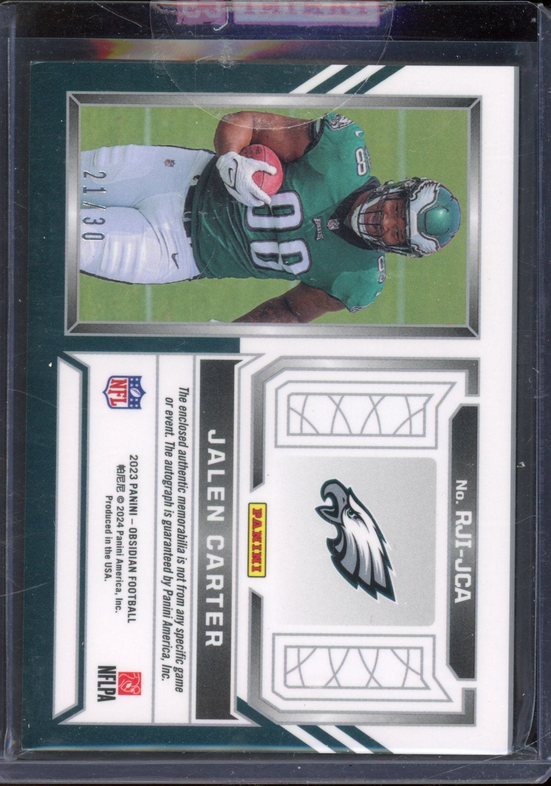 2023 Obsidian Jalen Carter Rookie Patch Auto Purple Flood 21/30 RC