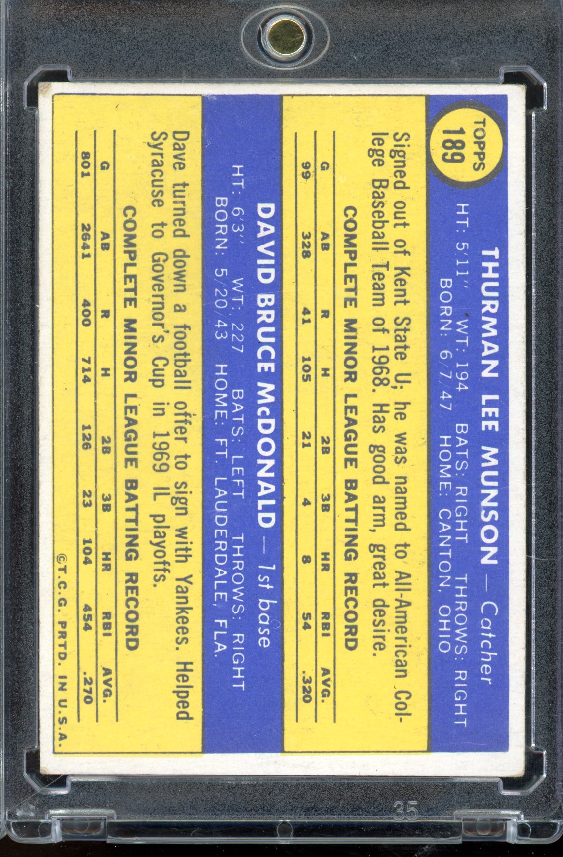 1970 Topps Thurman Munson Dave McDonald RC