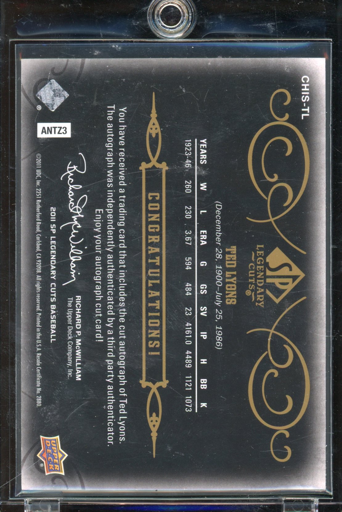 2011 SP Legendary Cuts Ted Lyons Cut Auto 06/16
