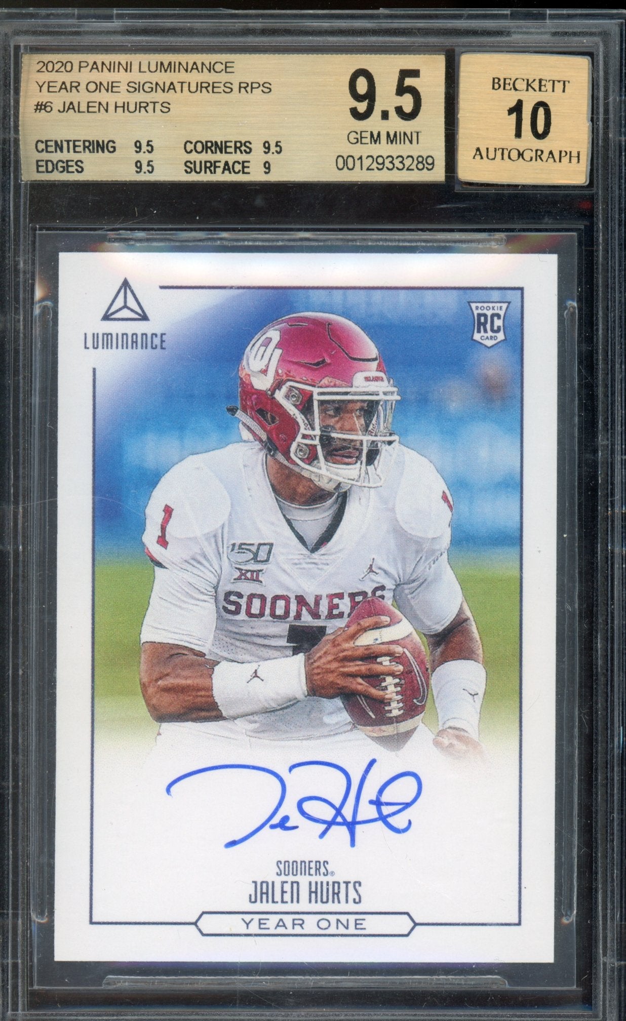 2020 Luminance Jalen Hurts Year One Auto BGS 9.5 AUTO 10 RC