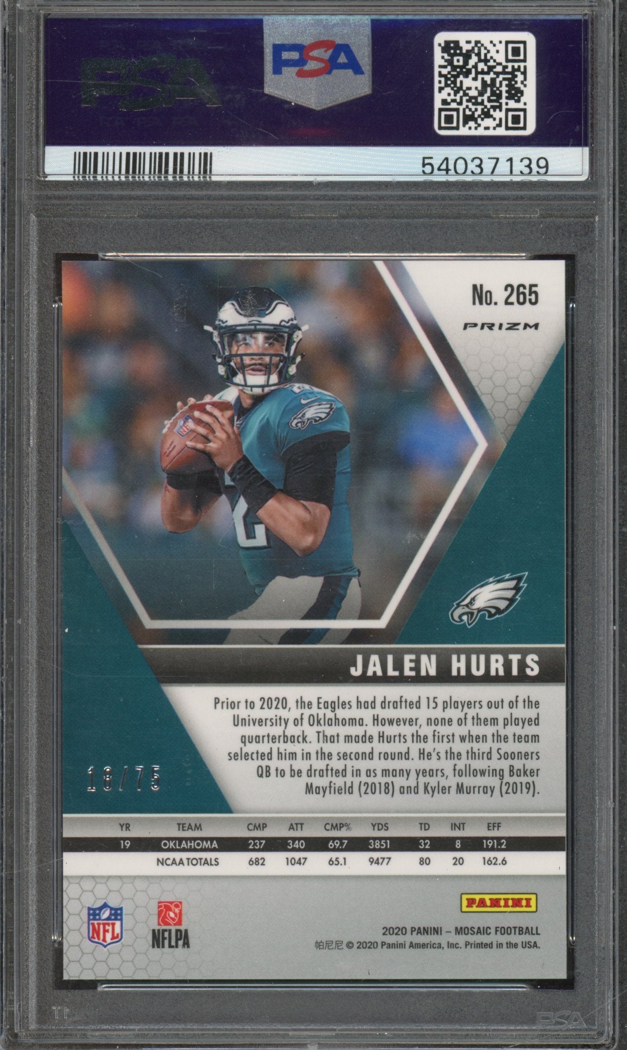 2020 Mosaic Jalen Hurts No Huddle Blue 18/75 PSA 9 RC