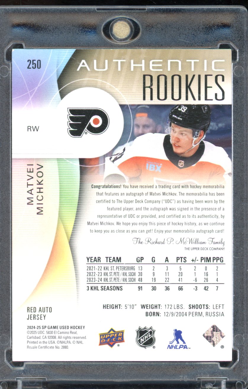 2024-25 Sp Game Used Matvei Michkov Authentic Rookie Patch Auto /99
