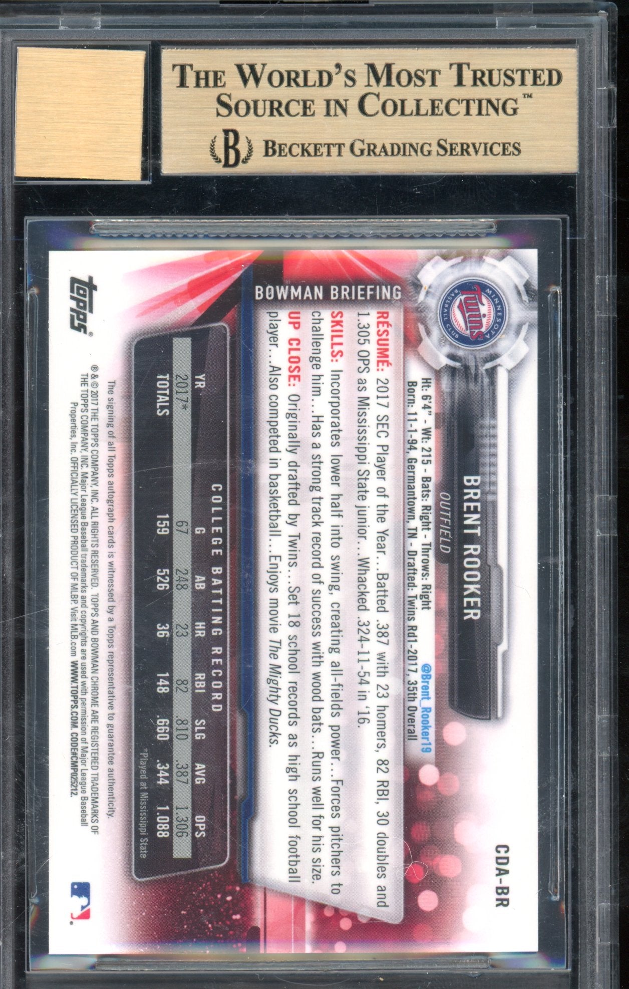 2017 Bowman Chrome Draft Brent Rooker Auto BGS 9.5 AUTO 10