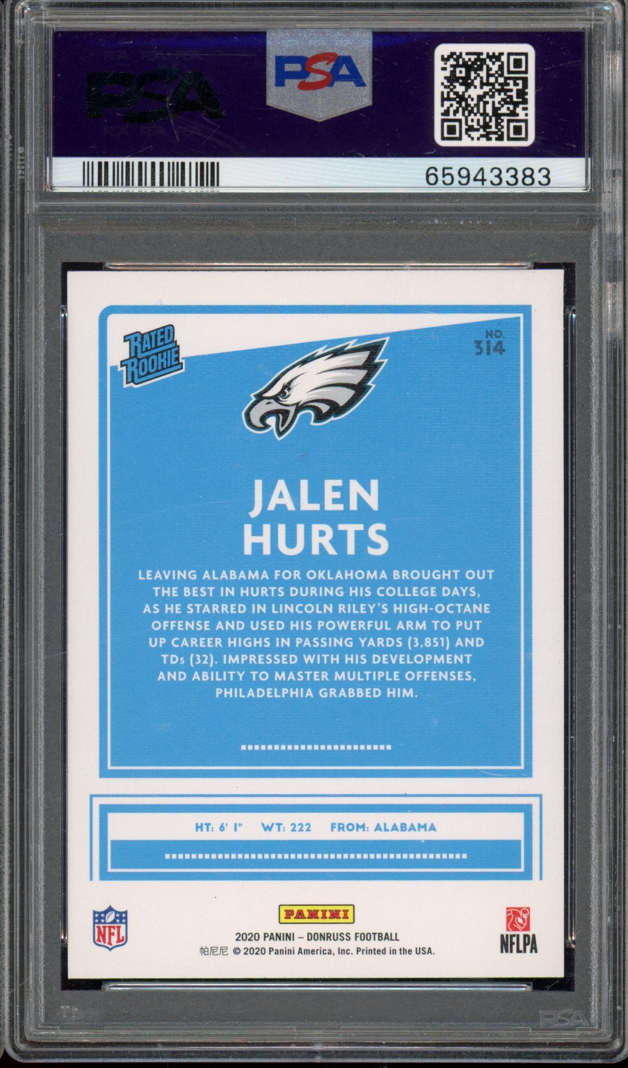 2020 Donruss Jalen Hurts Canvas PSA 10 RC