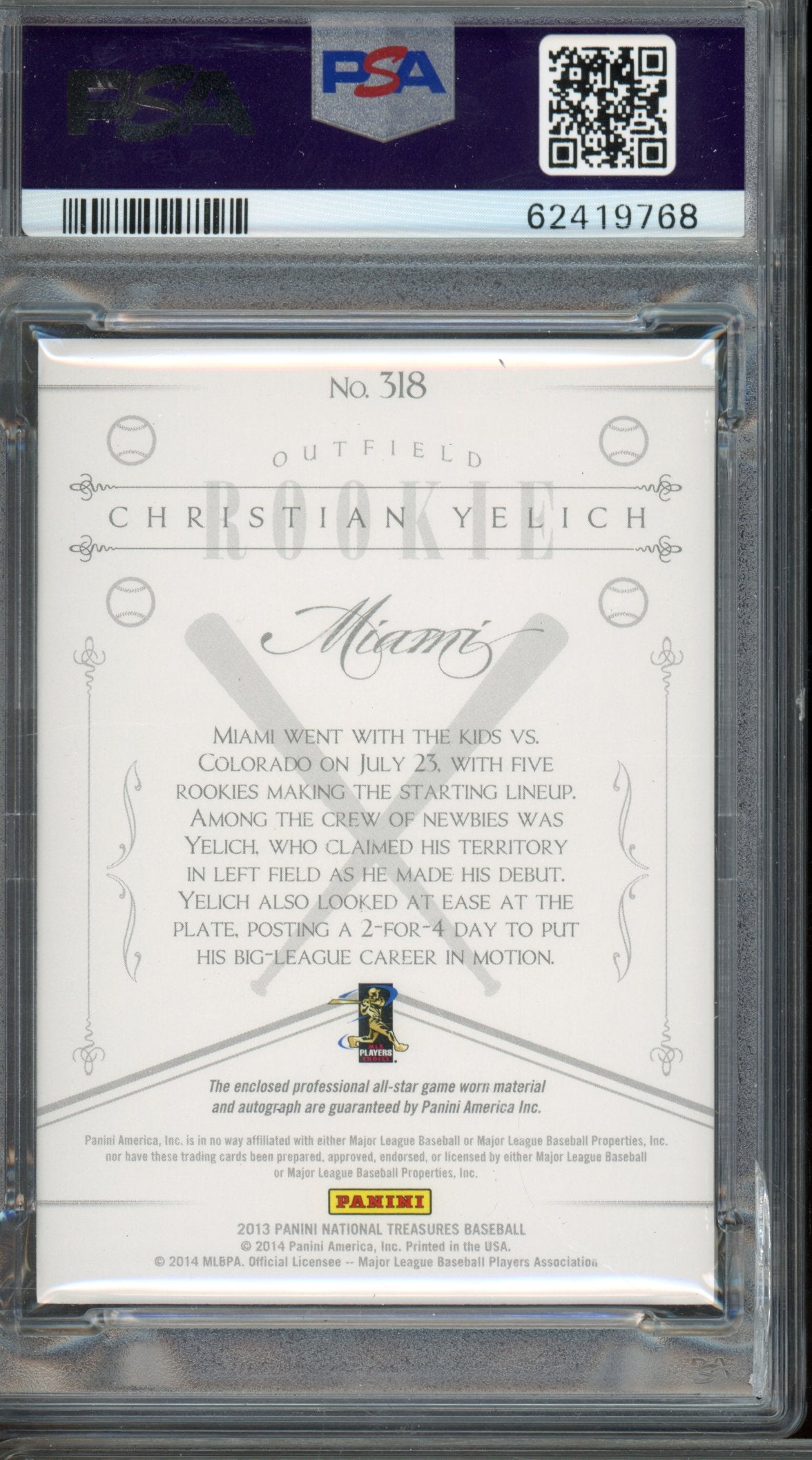 2013 America's Pasttime Christian Yelich National Treasures Auto 26/99 PSA 9
