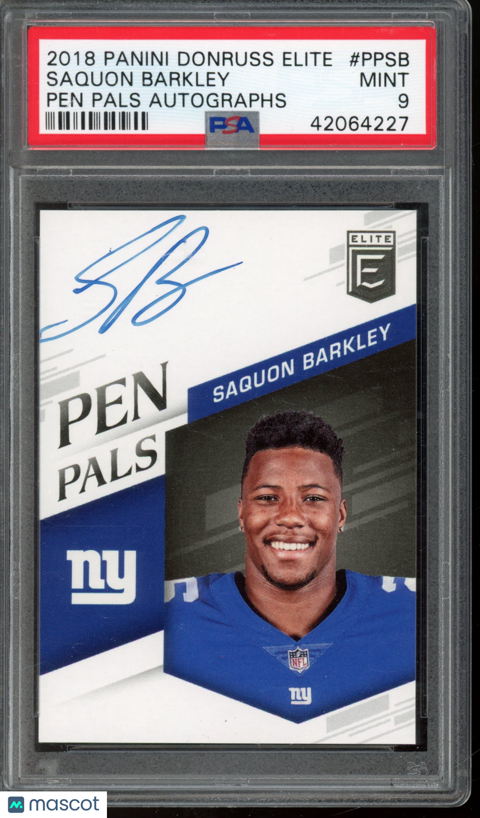 2018 Panini Donruss Elite Pen Pals Auto Saquon Barkley Blue Ink PSA 9 RC