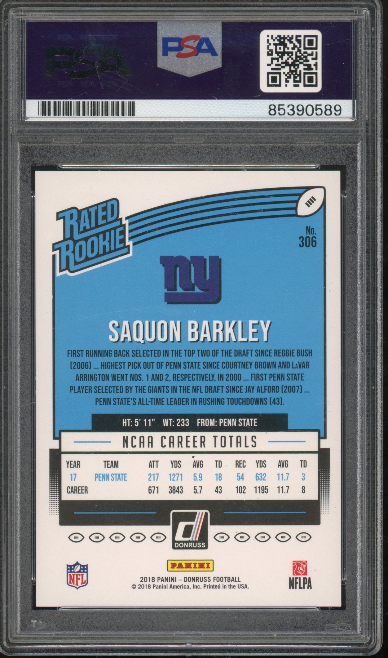2018 Donruss Saquon Barkley Auto PSA/DNA AUTO 10 RC