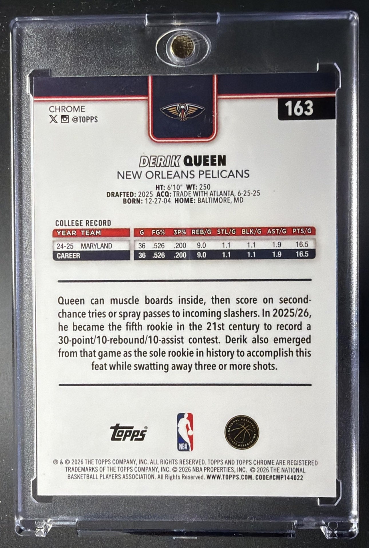 2025-26 Topps Chrome Update Derik Queen #163 Black Geometric Refractor 7/10 RC