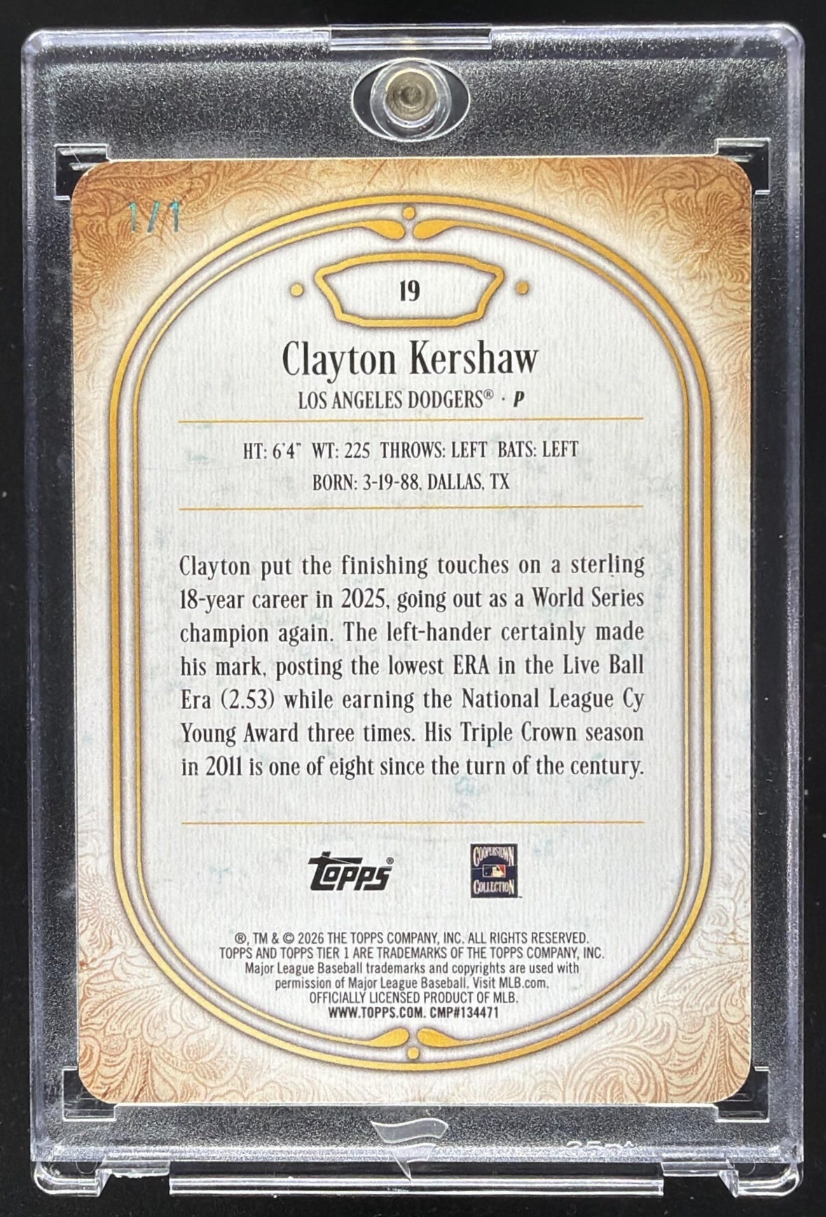 2026 Topps Tier One Clayton Kershaw #19 1/1