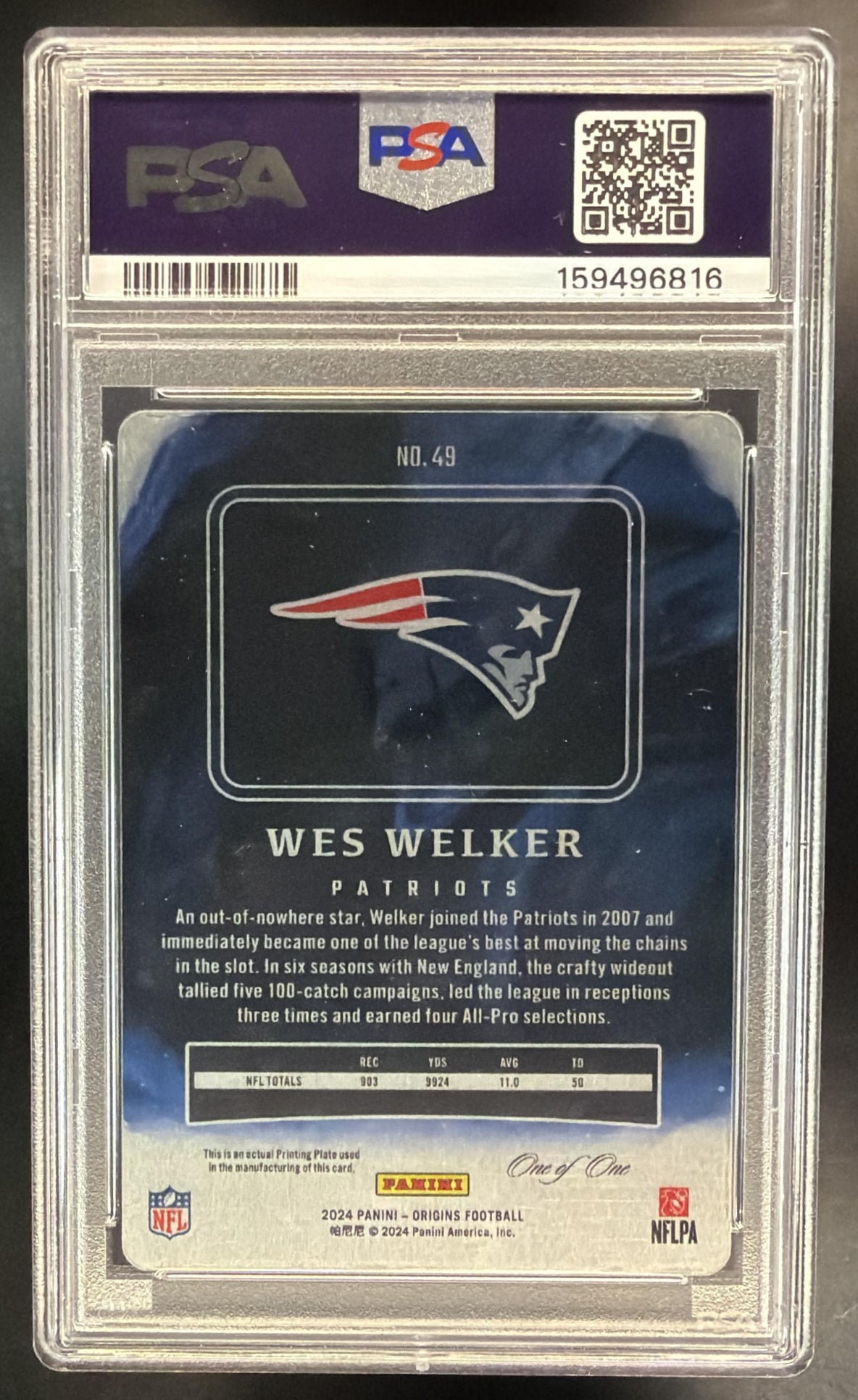 2024 Panini Origins Wes Welker #49 Printing Plate 1/1 PSA 8