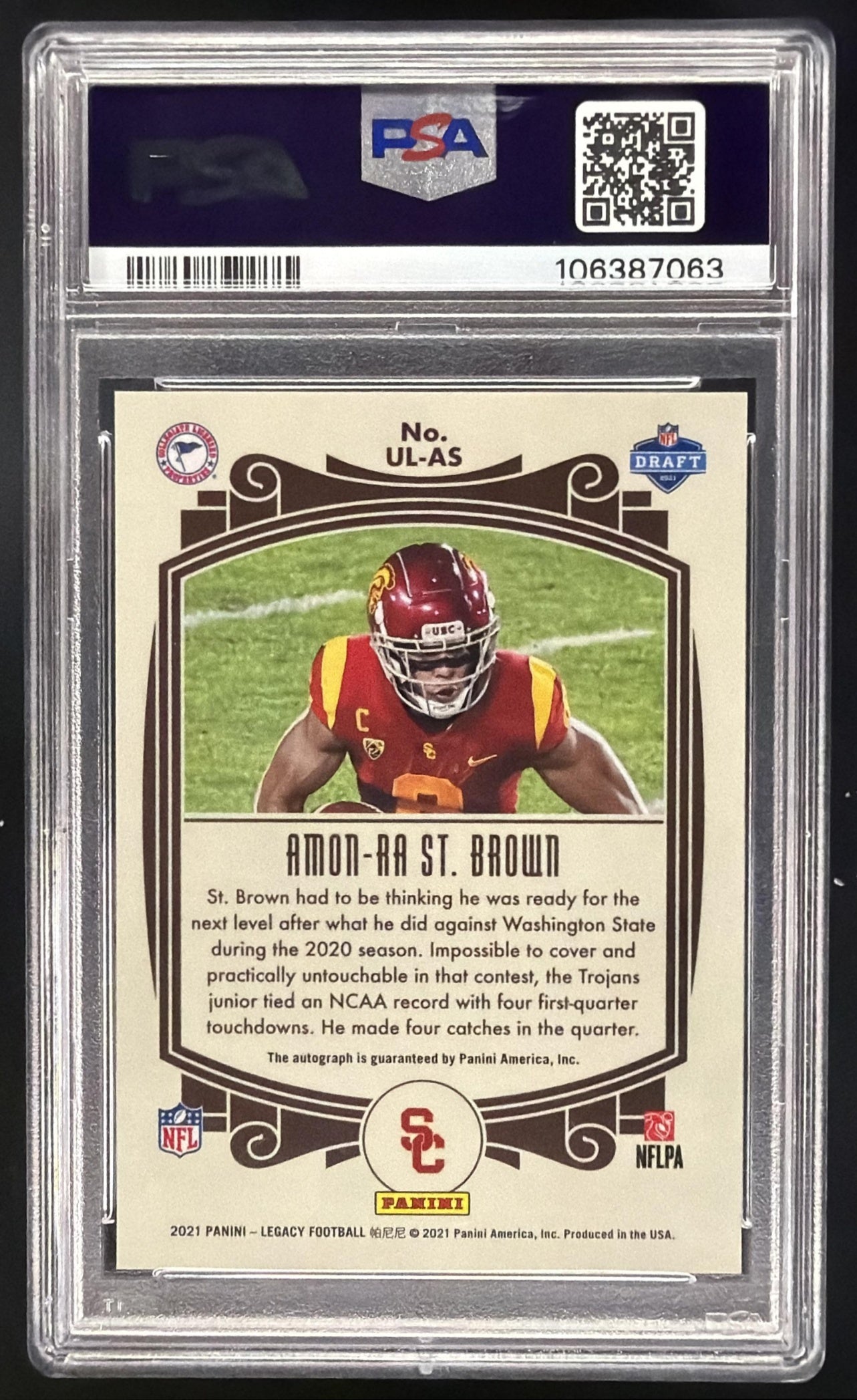2021 Panini Legacy Amon-Ra St. Brown #UL-AS Under the Lights Auto RC PSA 9