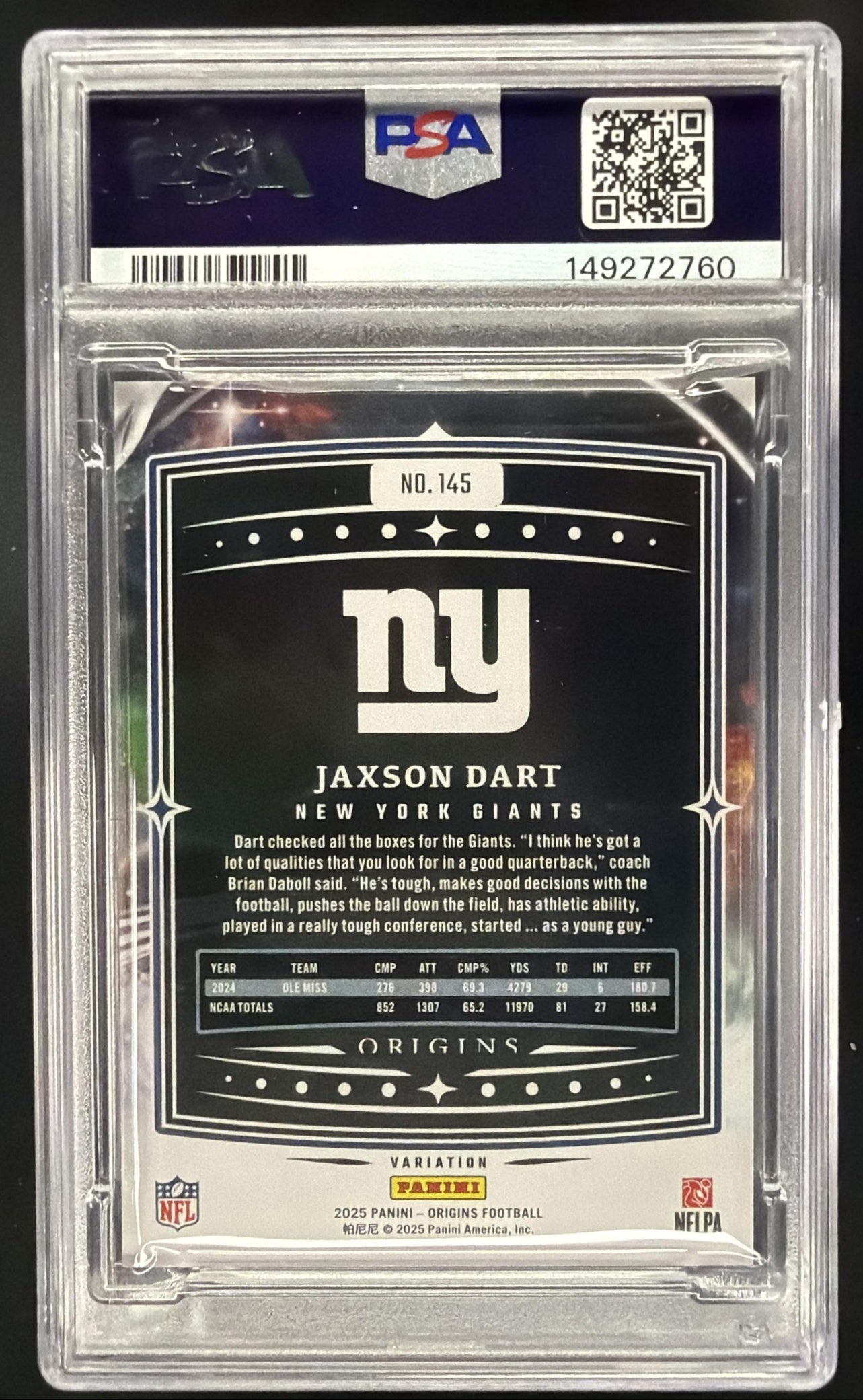 2025 Panini Origins Jaxson Dart #145 Rookie Printing Plate Cyan 1/1 RC PSA 9