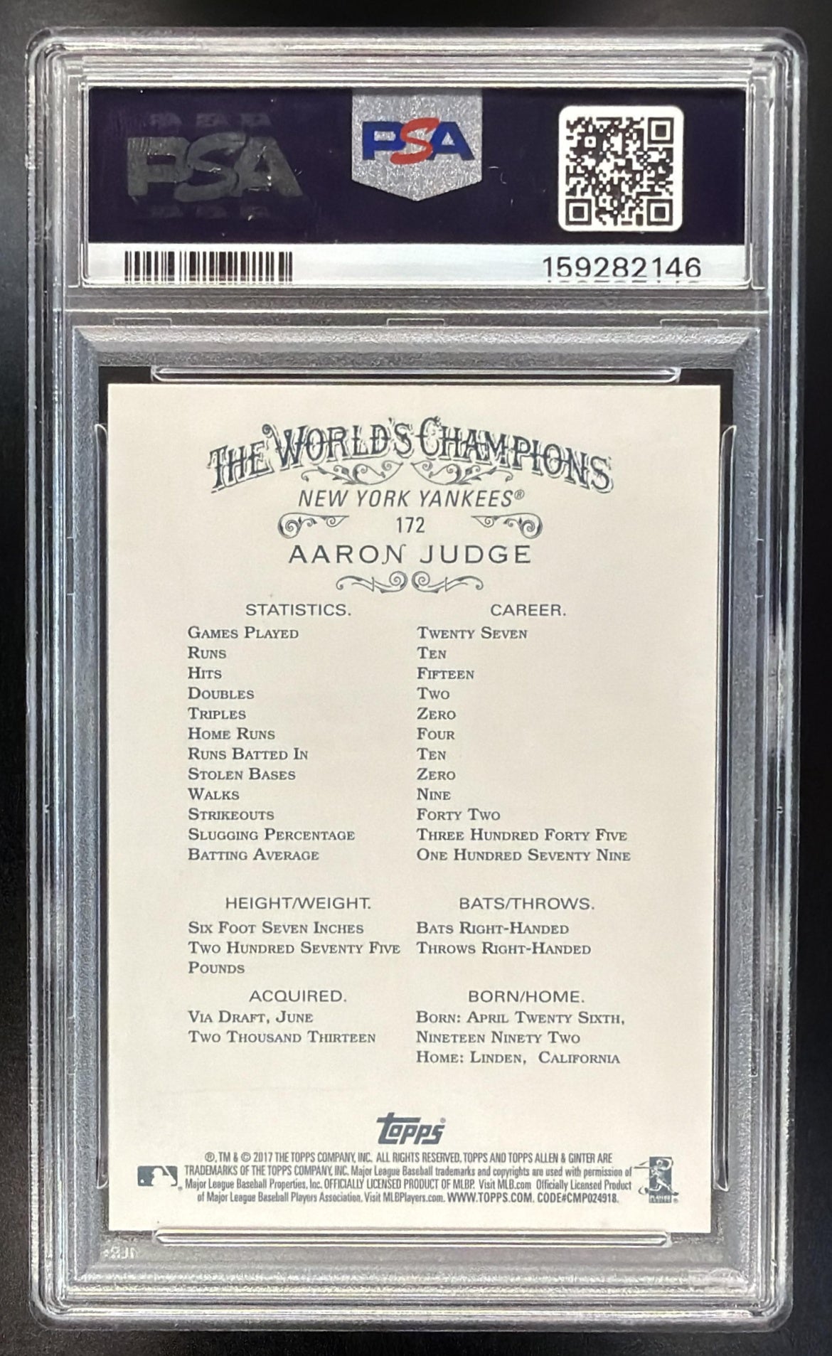 2017 Topps Allen & Ginter X Aaron Judge #172 RC PSA 10
