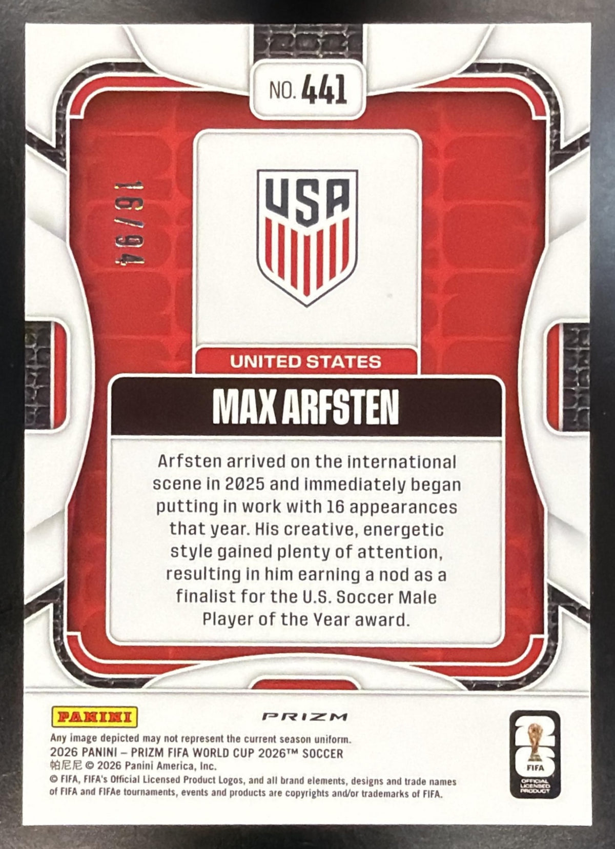 2026 Panini Prizm World Cup Max Arfsten #441 Old Glory 16/94