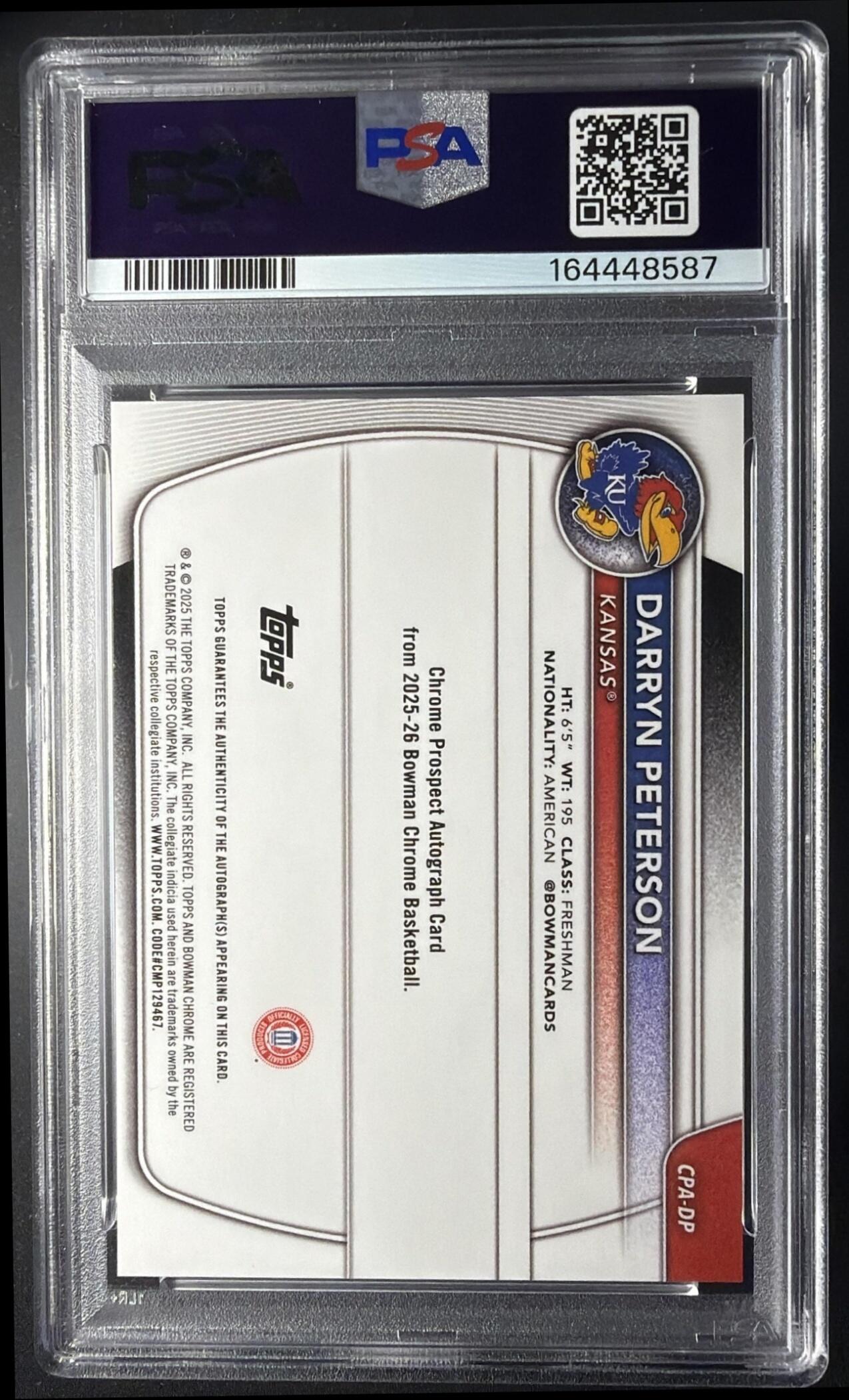 2025-26 Bowman Darryn Peterson #CPA-DP Chrome Auto 1st Prospect PSA 9