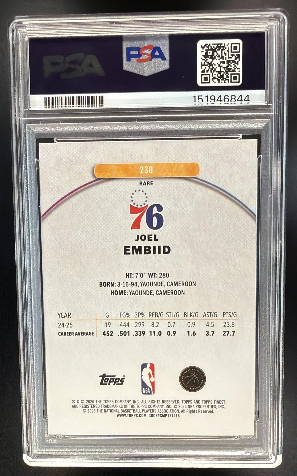 2025-26 Topps Finest Joel Embiid #230 Rare Refractor PSA 10