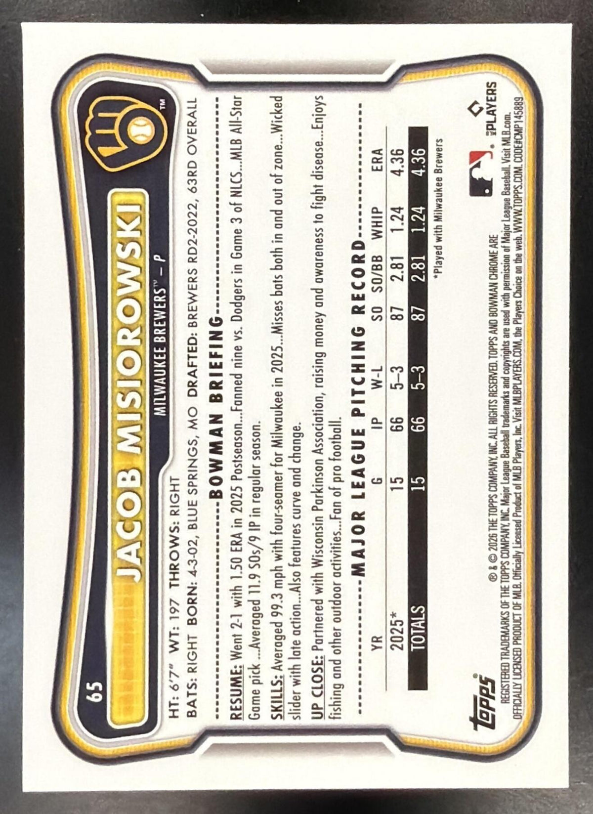 2026 Bowman Chrome Jacob Misiorowski #65 RC Geometric Refractor 444/499 RC