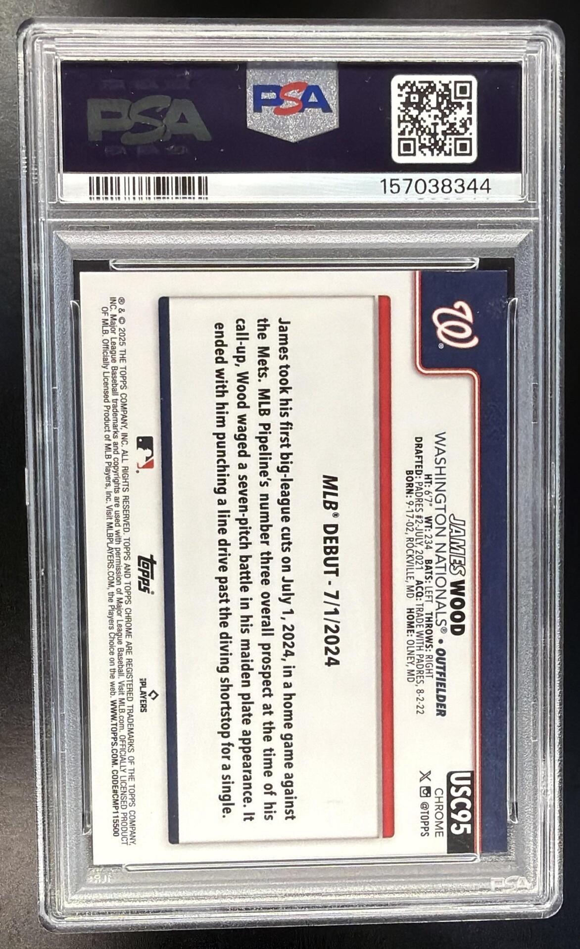 2025 Topps Chrome Update James Wood #USC95 Orange Refractor 5/25 RC PSA 9