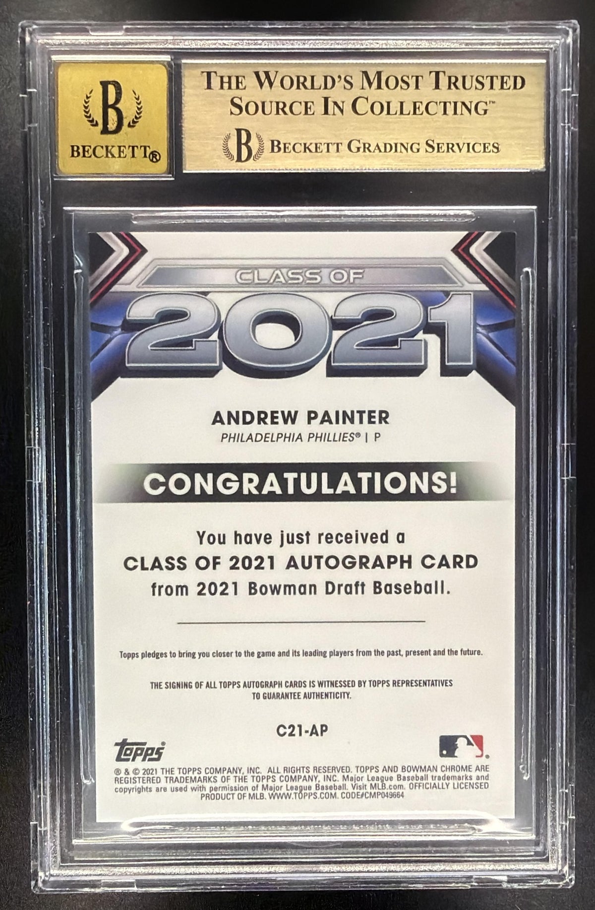 2021 Bowman Draft Andrew Painter #C21-AP Class of Auto 113/250 BGS 9.5