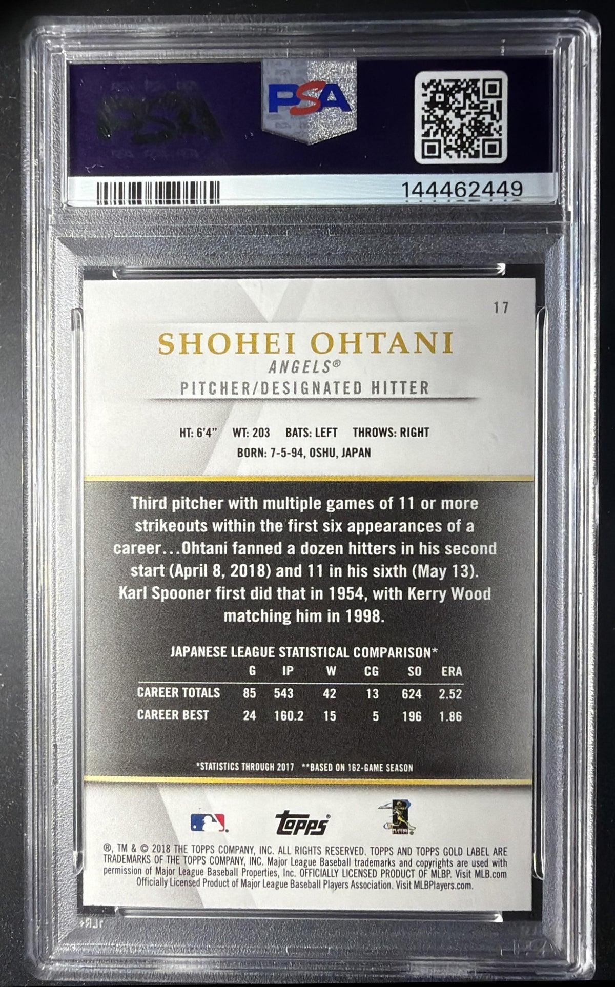2018 Topps Gold Label Shohei Ohtani #17 Class 1 RC PSA 10