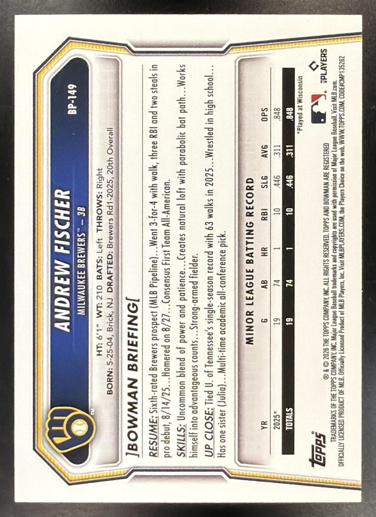 2026 Bowman Andrew Fischer #BP-149 Yellow Pattern 17/75 1st Prospect