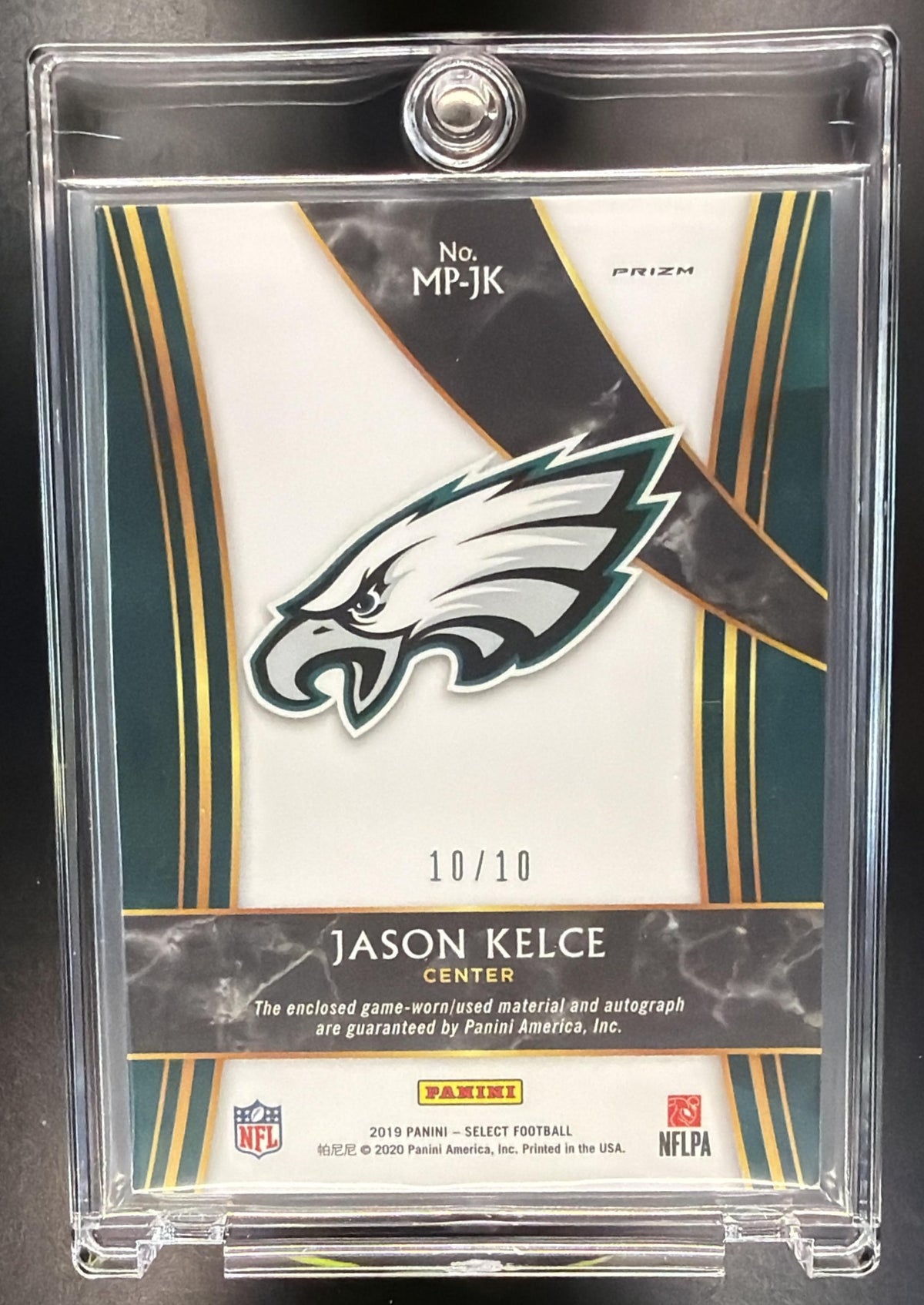 2019 Panini Select Jason Kelce #MP-JK Signature Gold Prizm /10 Patch Auto