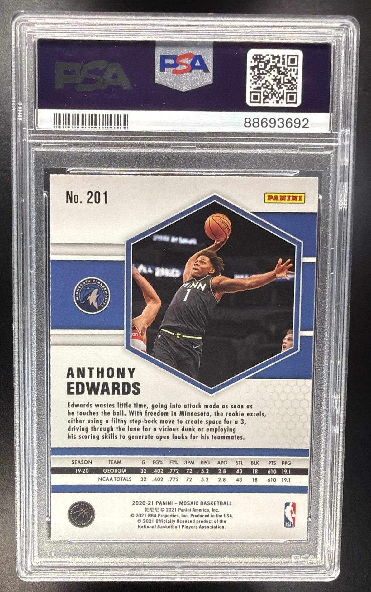 2020-21 Panini Mosaic Anthony Edwards #201 Mosaic RC PSA 10