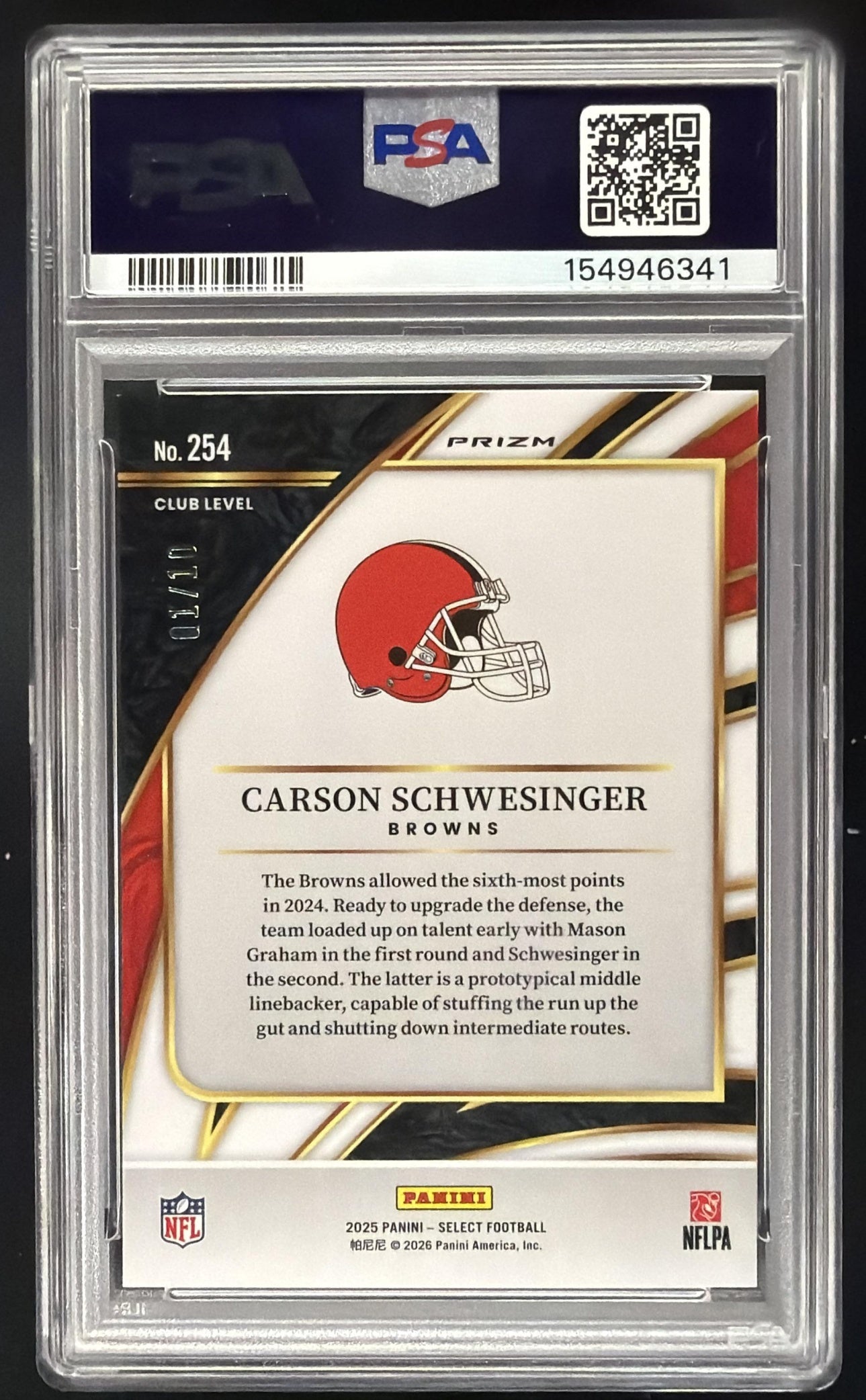 2025 Panini Select Carson Schwesinger Gold /10 Rookie PSA 9