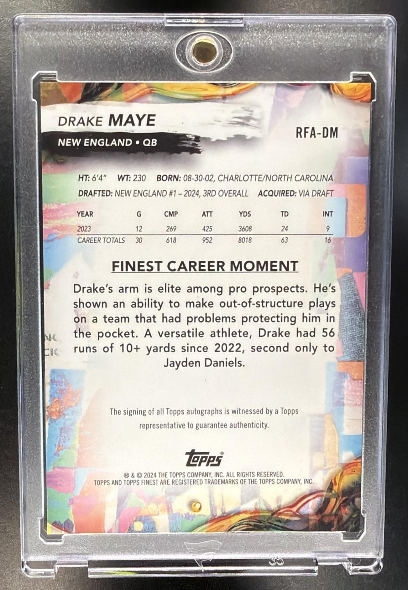 2024 Topps Finest Drake Maye #RFA-DM Rookie Auto Blue Checkerboard Refractor /99 RC