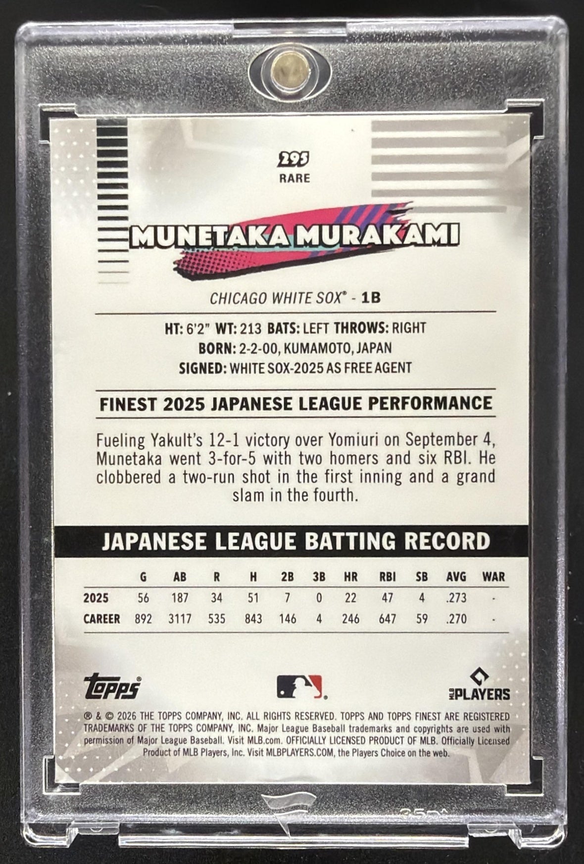 2026 Topps Finest Munetaka Murakami #5 Pink Refractor 10/250 RC