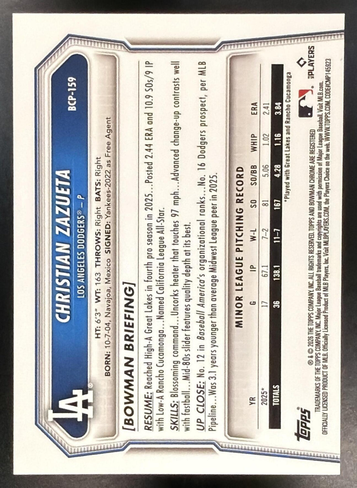 2026 Bowman Chrome Christian Zazueta #BCP-159 Orange Refractor 6/25 1st Prospect
