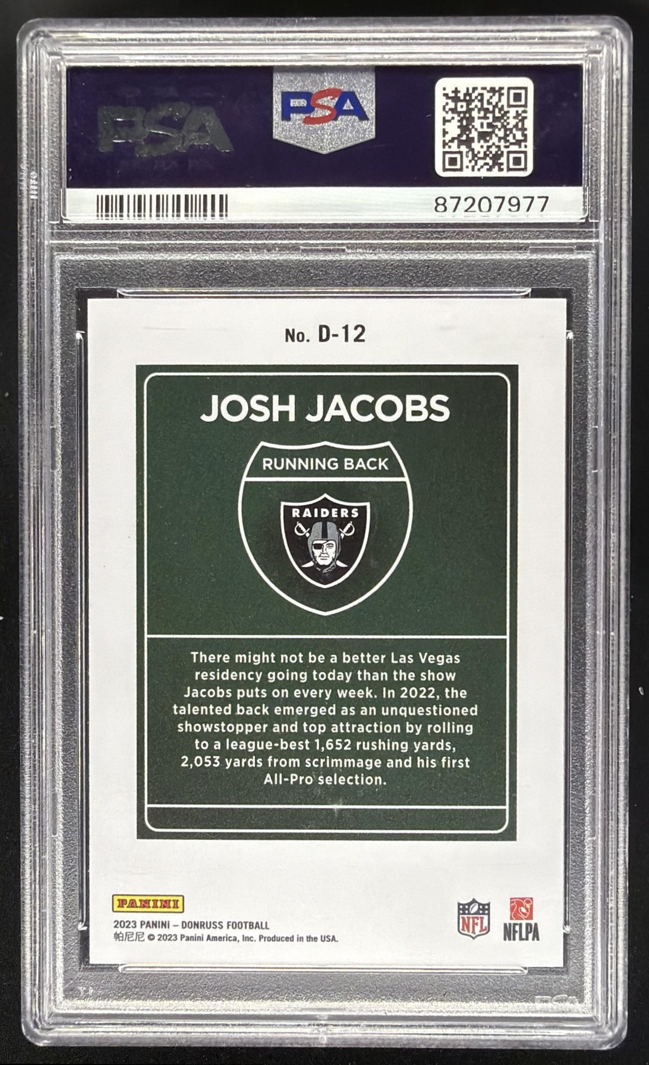 2023 Panini Donruss Josh Jacobs #D-12 Downtown SSP PSA 10