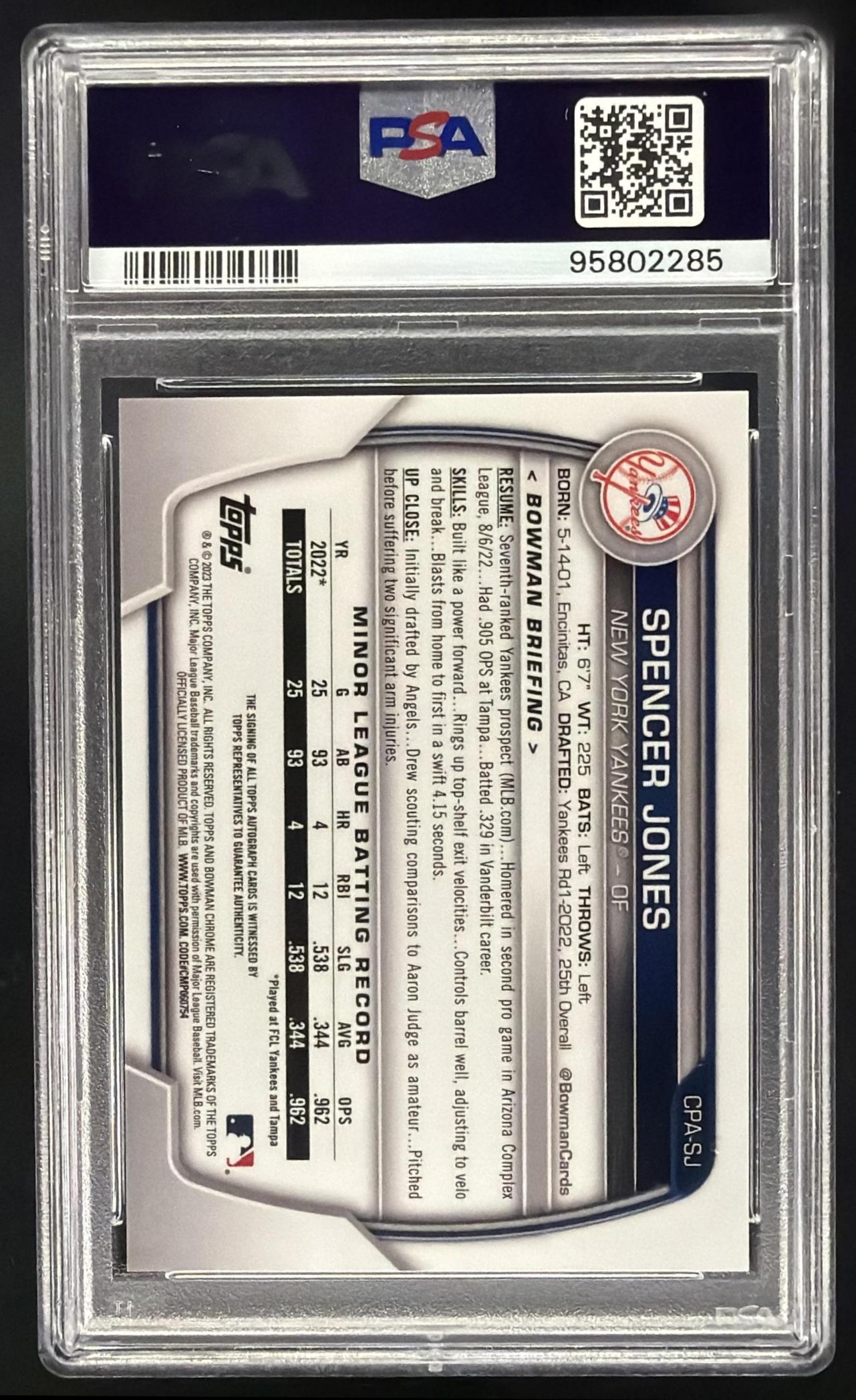 2023 Bowman Spencer Jones #CPA-SJ Chrome Auto 1st Prospect PSA 10