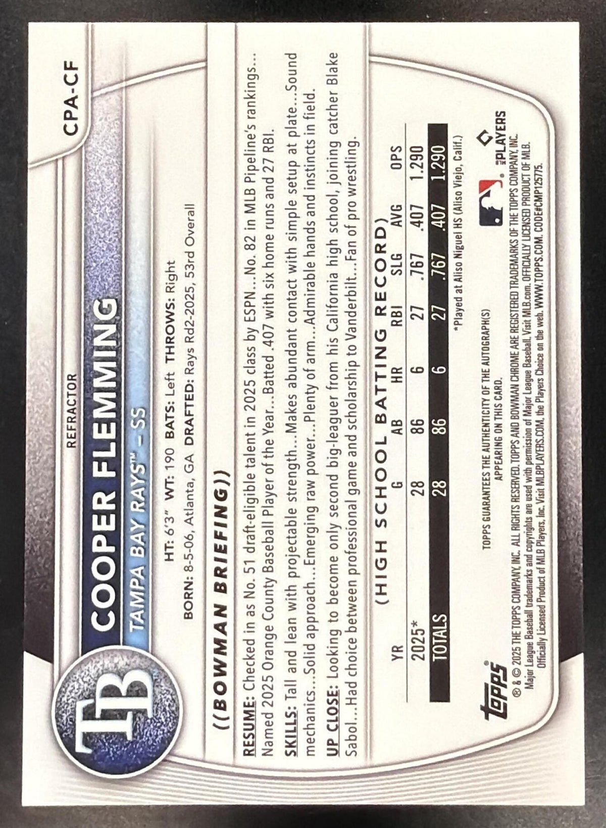 2025 Bowman Chrome Baseball Cooper Flemming #CPA-CF 1st Refractor Auto 322/499