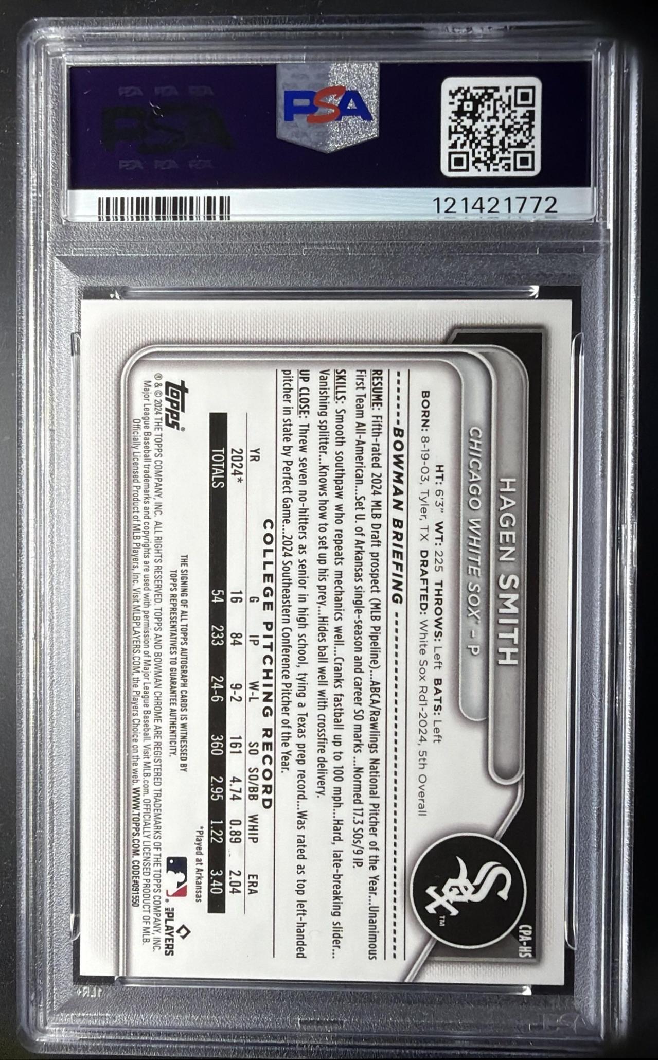 2024 Bowman Draft Sapphire Hagen Smith #CPA-HS Chrome Auto /199 1st Prospect PSA 9
