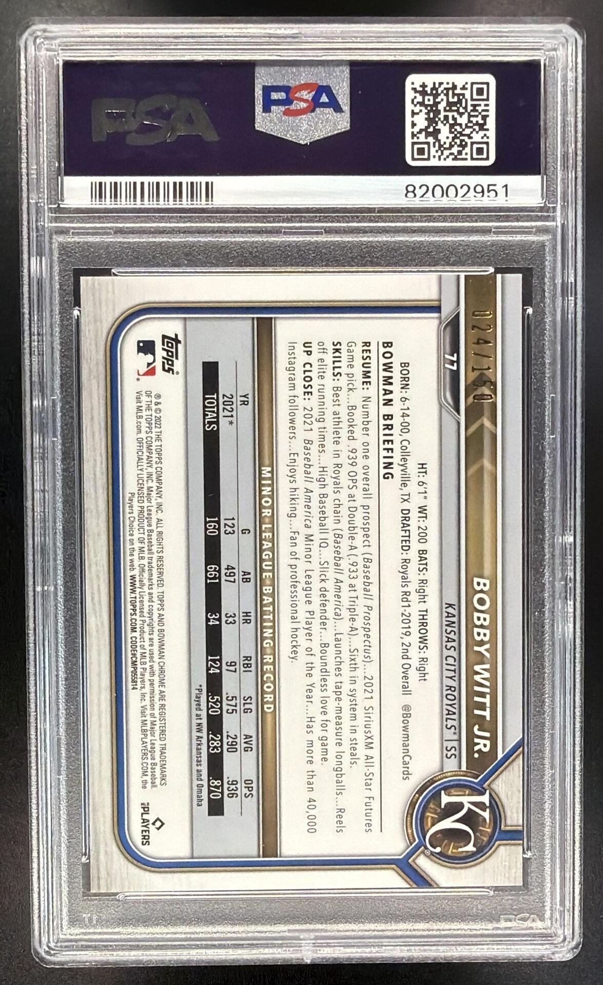2022 Bowman Chrome Bobby Witt Jr. #77 Blue Refractor 24/150 RC PSA 9