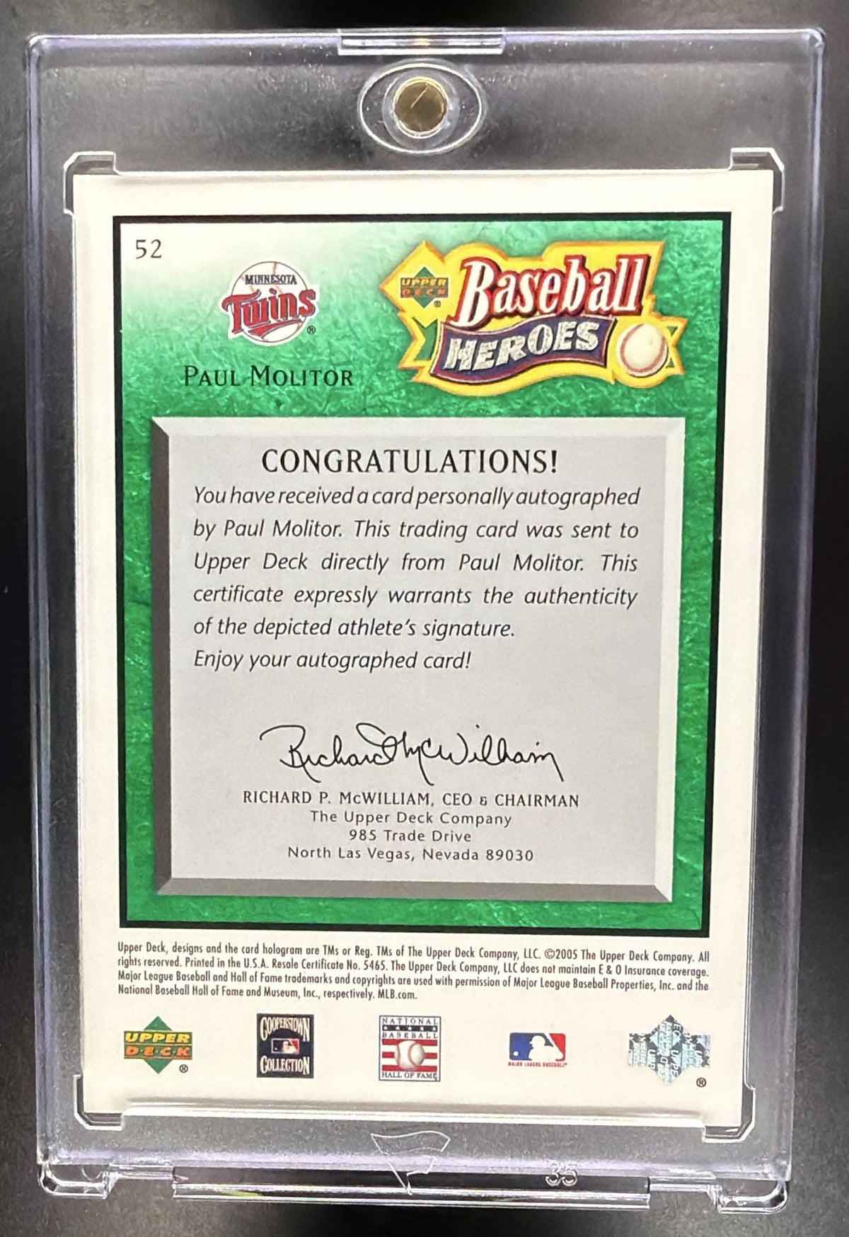 2005 Upper Deck Baseball Heroes Paul Molitor #52 Signature Emerald 97/99 Auto