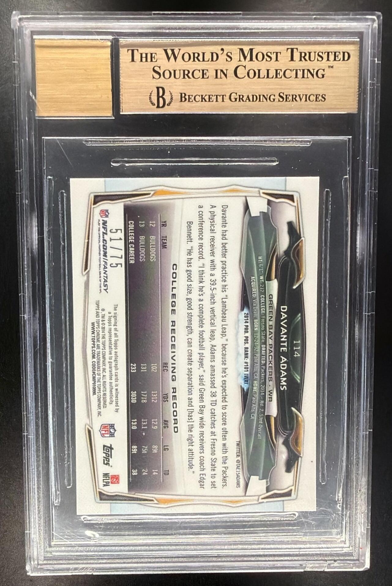 2014 Topps Chrome Davante Adams #114 Rookie Auto Pink Refractor 51/75 RC BGS 9.5