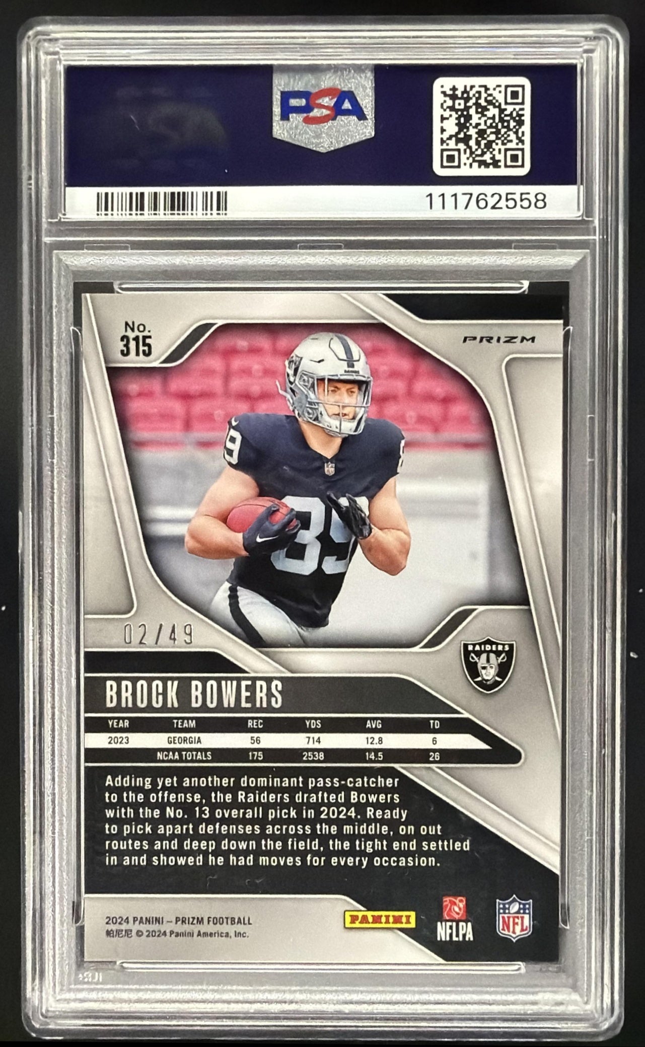 2024 Panini Prizm Brock Bowers #315 Purple No Huddle 2/49 RC PSA 9