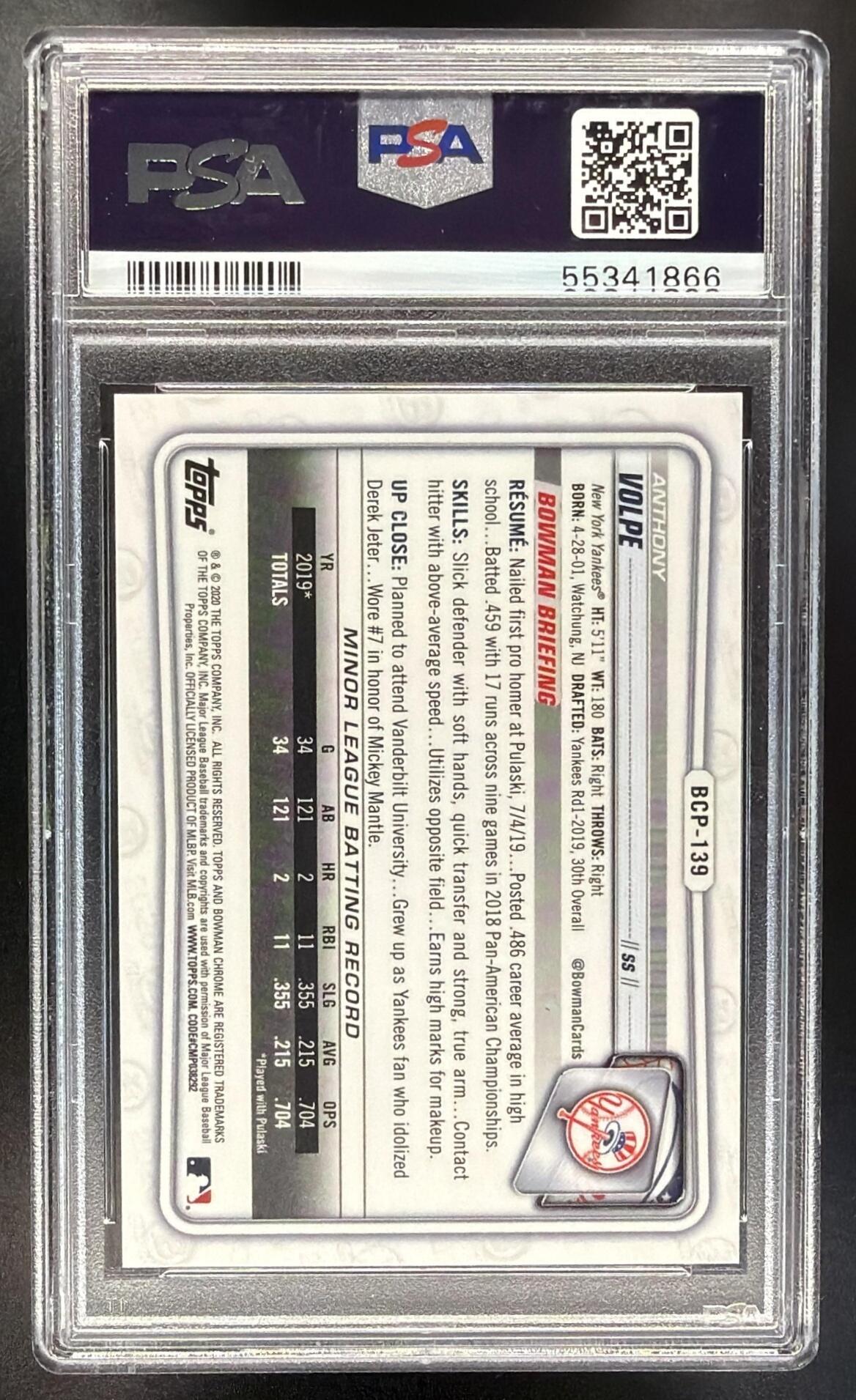 2020 Bowman Anthony Volpe #BCP-139 Chrome Aqua Shimmer Refractor /125 1st Prospect PSA 10