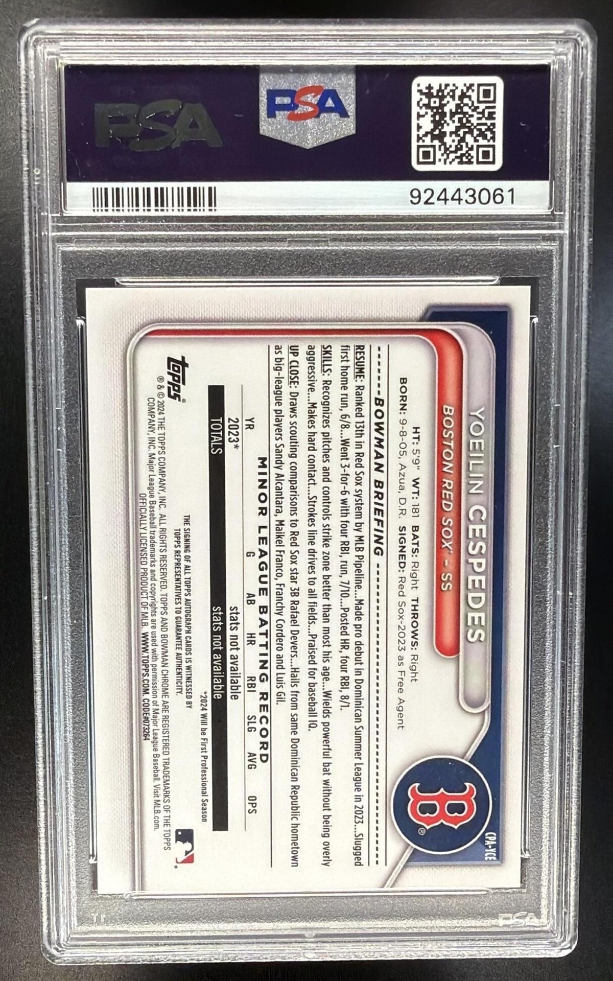 2024 Bowman Yoeilin Cespedes #CPA-YCE Chrome Auto Blue Refractor /150 1st Prospect PSA 9