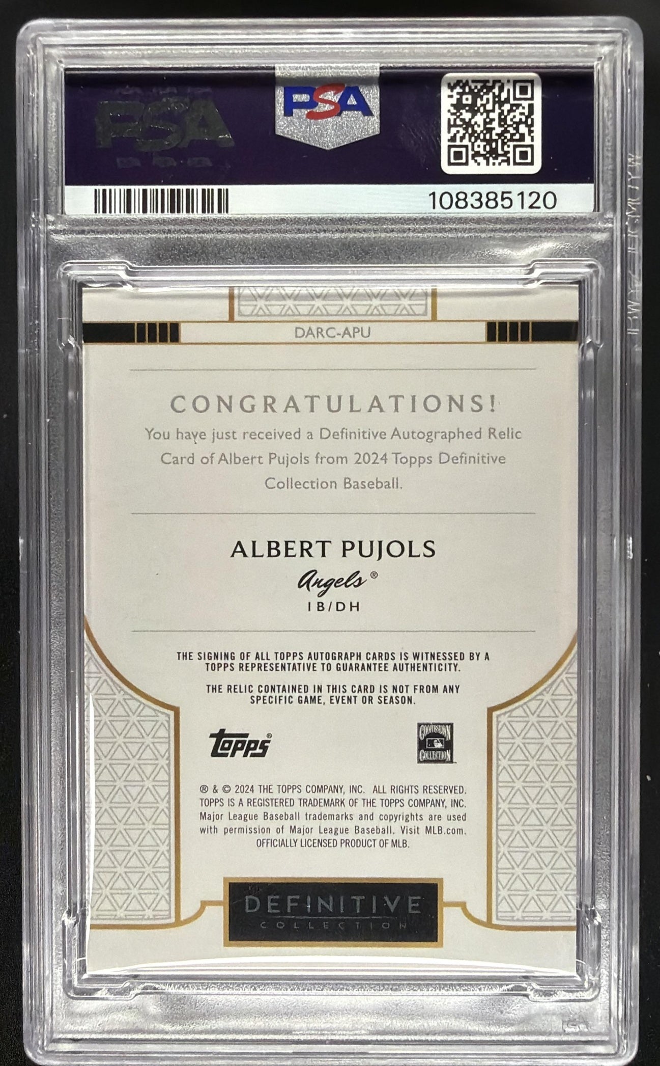 2024 Topps Definitive Collection Albert Pujols #DARC-APU Auto Relics 8/40 PSA 9