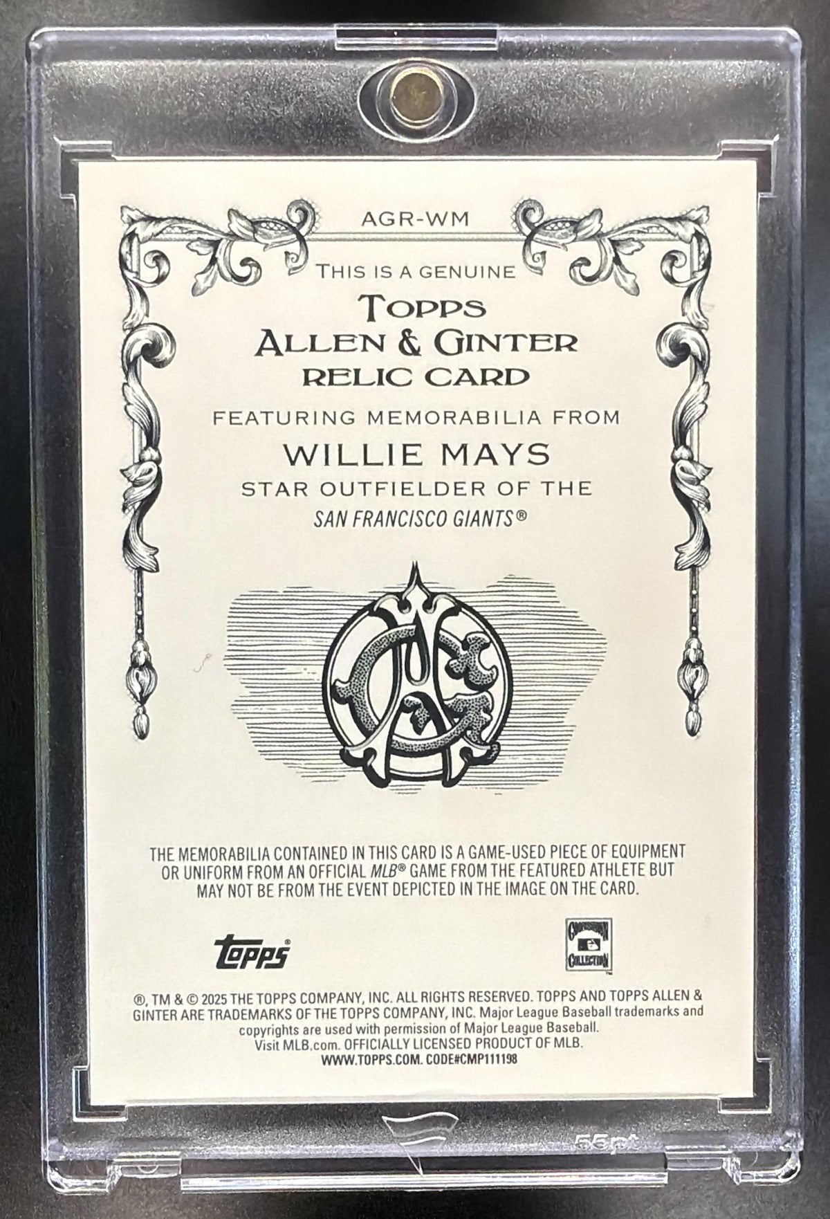 2025 Topps Allen & Ginter Willie Mays #AGR-WM Bat Relic