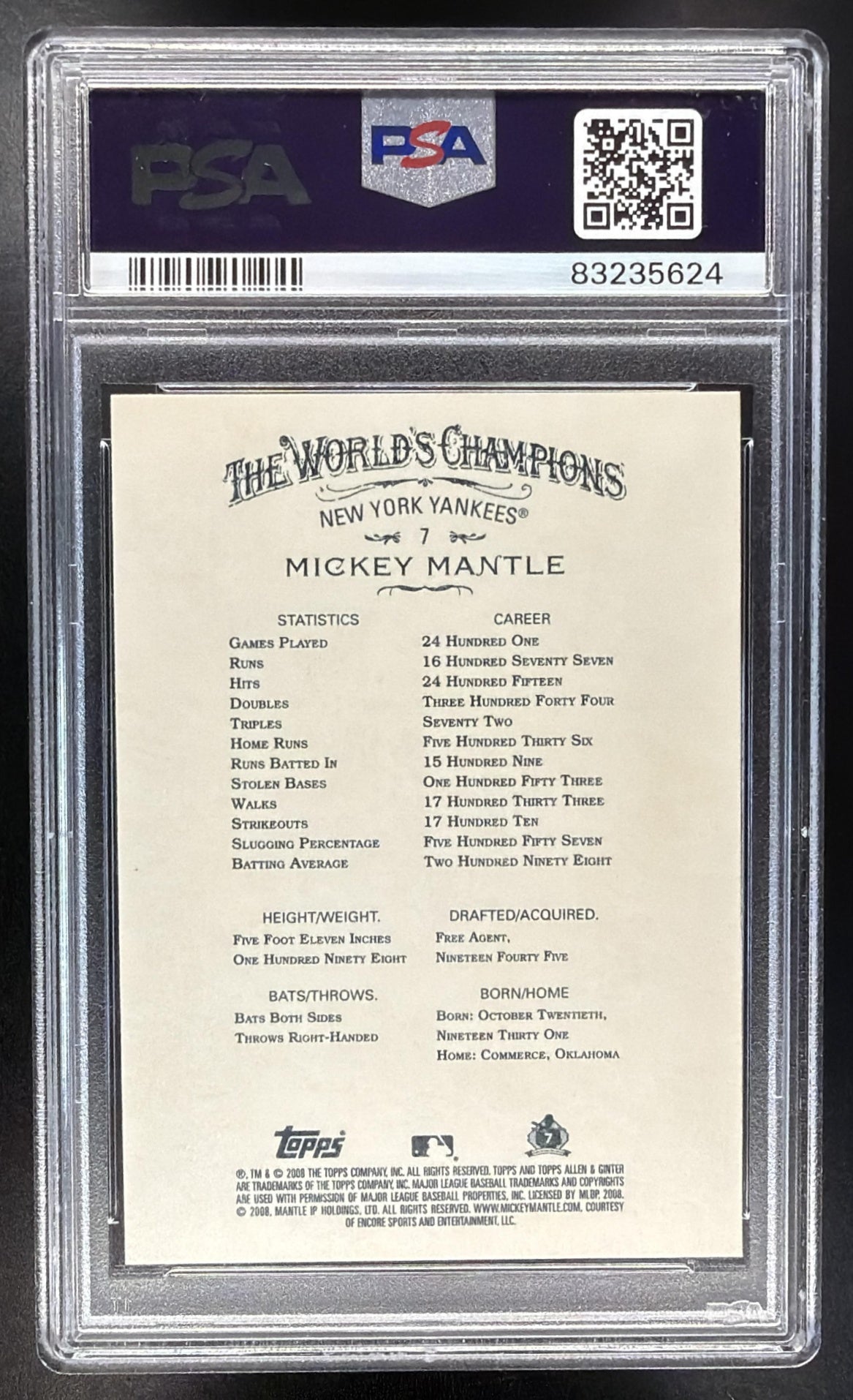 2008 Topps Allen & Ginter Mickey Mantle #7 PSA 10