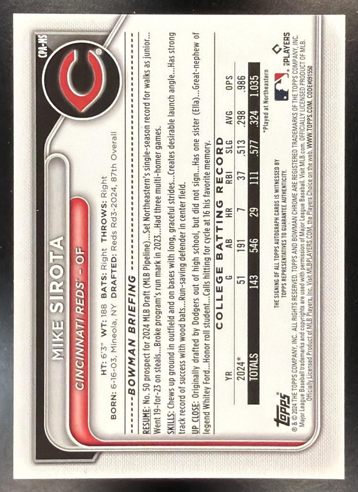 2024 Bowman Draft Mike Sirota #CPA-MS Chrome Auto 1st Prospect Reds