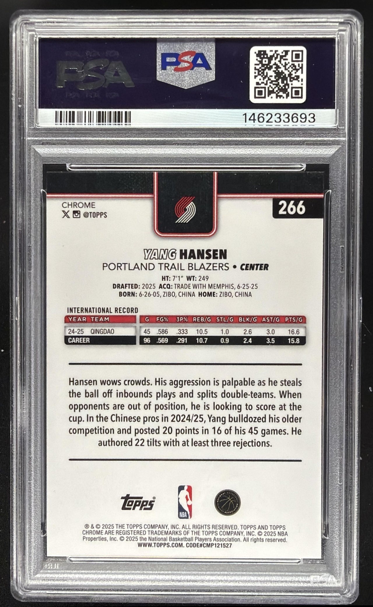 2025-26 Topps Chrome Yang Hansen #266 X-Fractor RC PSA 10