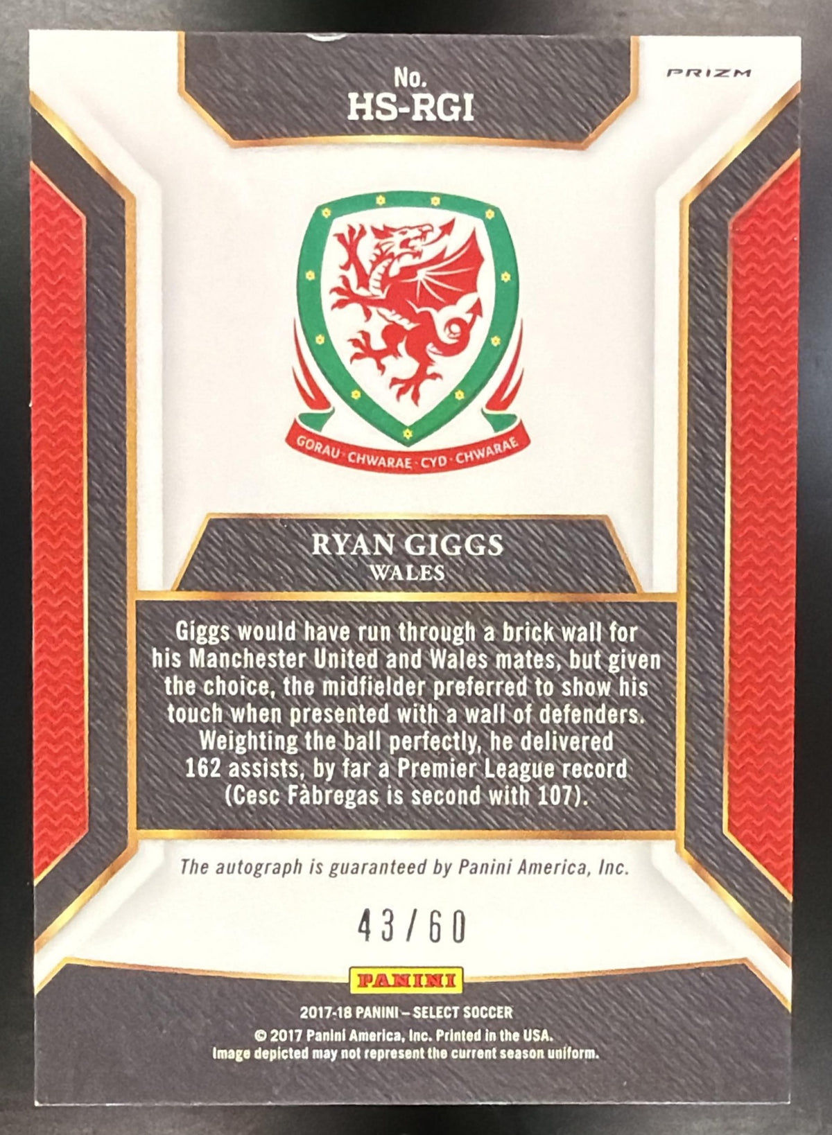 2017 Panini Select Ryan Giggs #HS-RGI Historic Signatures White 43/60 Auto