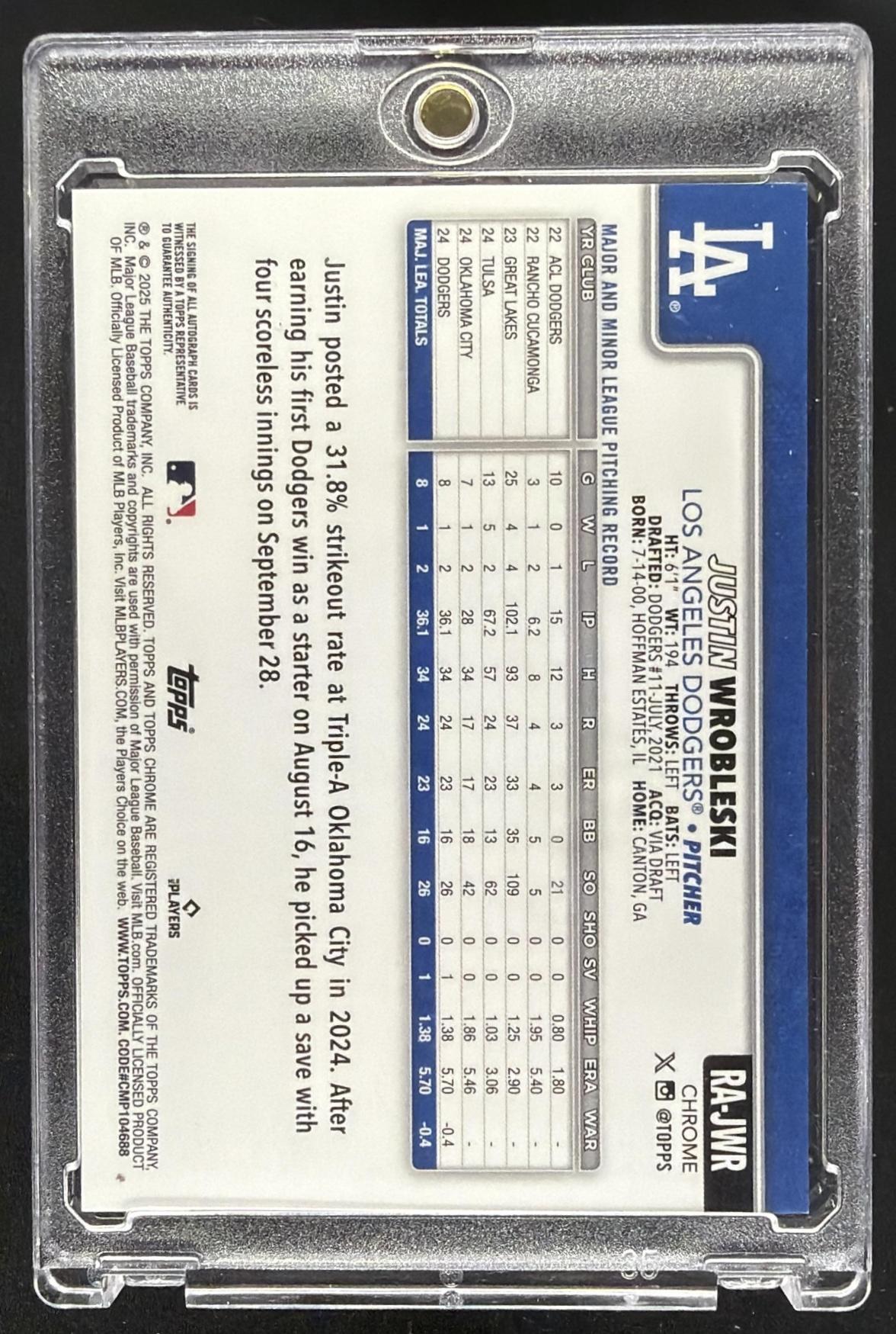 2025 Topps Chrome Justin Wrobleski #RA-JWR Rookie Auto Green Refractor 97/99 RC